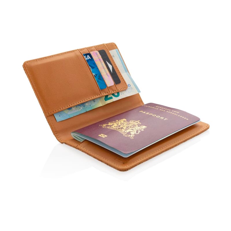 Cartera Pasaporte de corcho abierta con documentos