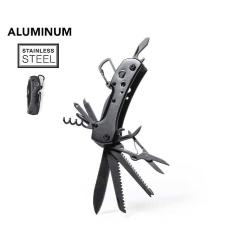 Navaja multiusos con accesorios en acero inox de acabado negro