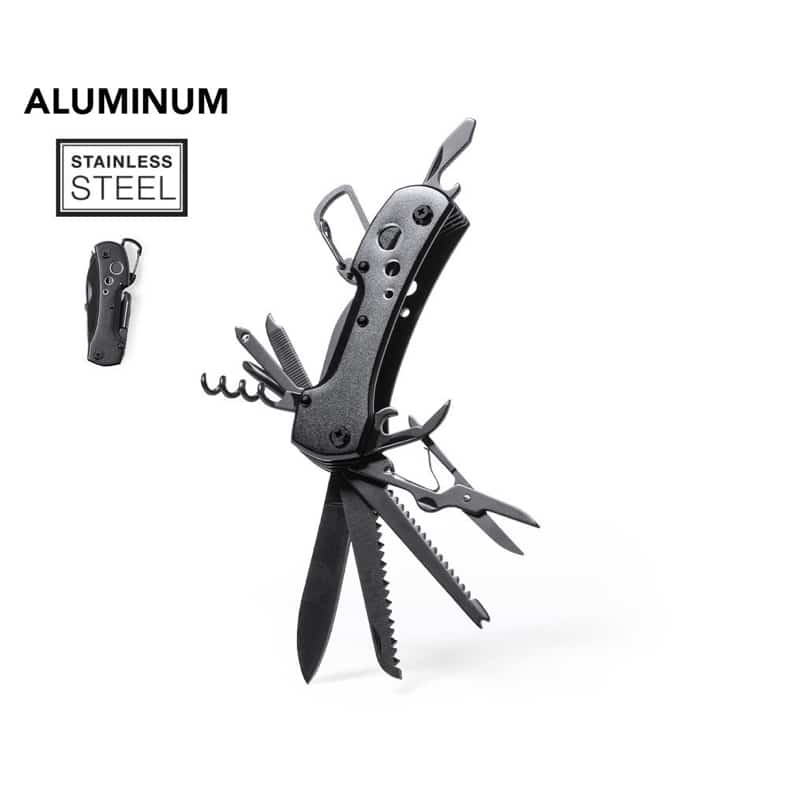 Navaja multiusos con accesorios en acero inox de acabado negro