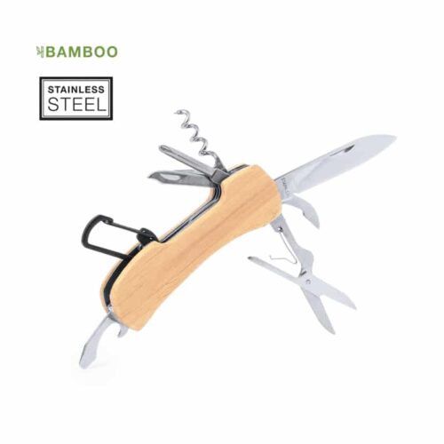 Navaja multiusos fabricada en acero inox y suave bambú