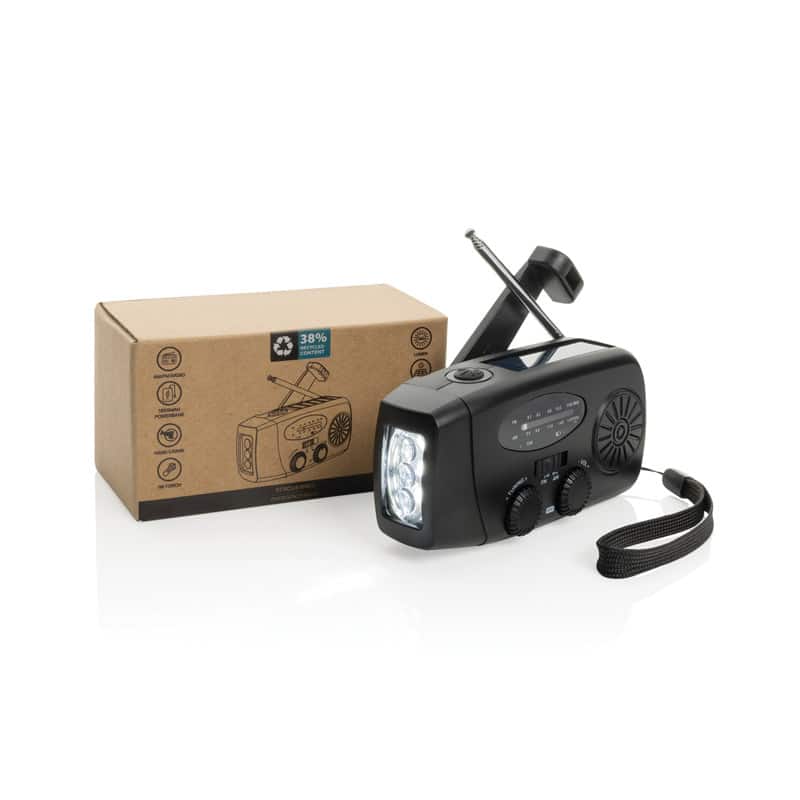 Radio de emergencia solar y USB con linterna integrada