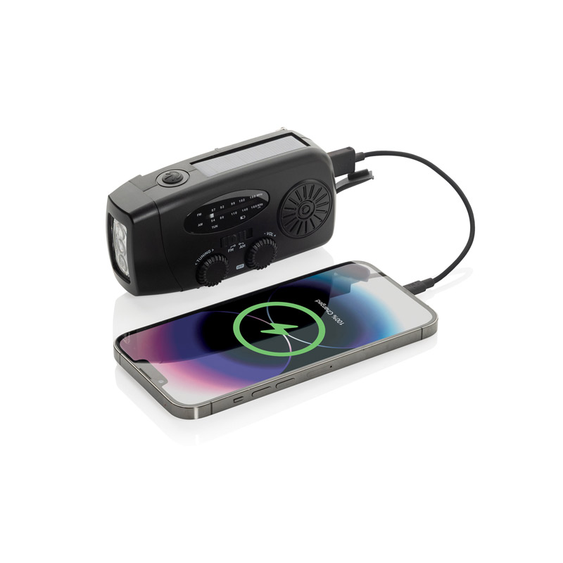 Radio de emergencia solar y USB con linterna integrada