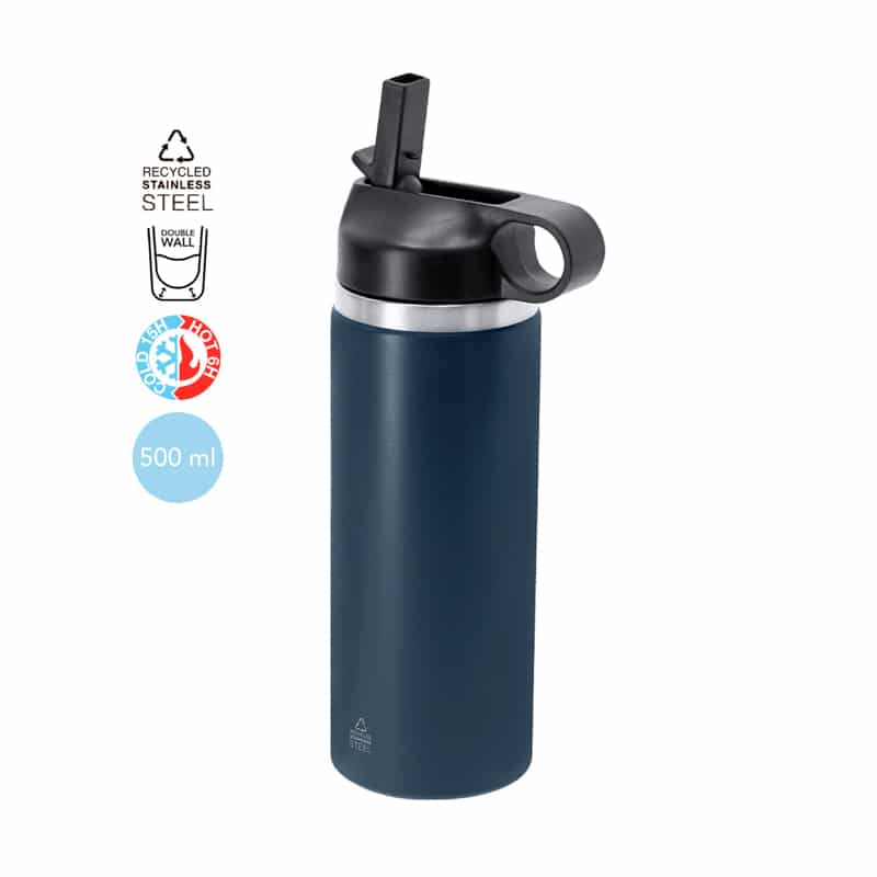 Bidón Térmico 500 ml Acero Inoxidable Reciclado con Pajita y Asa