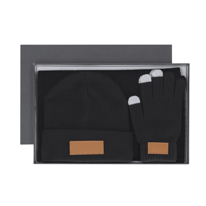 Set Invierno con Gorro, Bufanda y Guantes Táctiles en Caja Negra_1