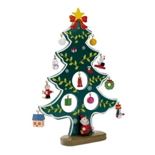 Árbol de Madera con 12 Adornos Navideños