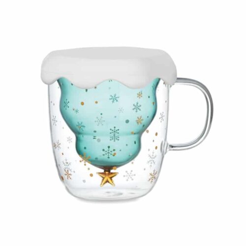 Taza de Borosilicato Navideña con Tapa y Posavasos de Silicona (250 ml)