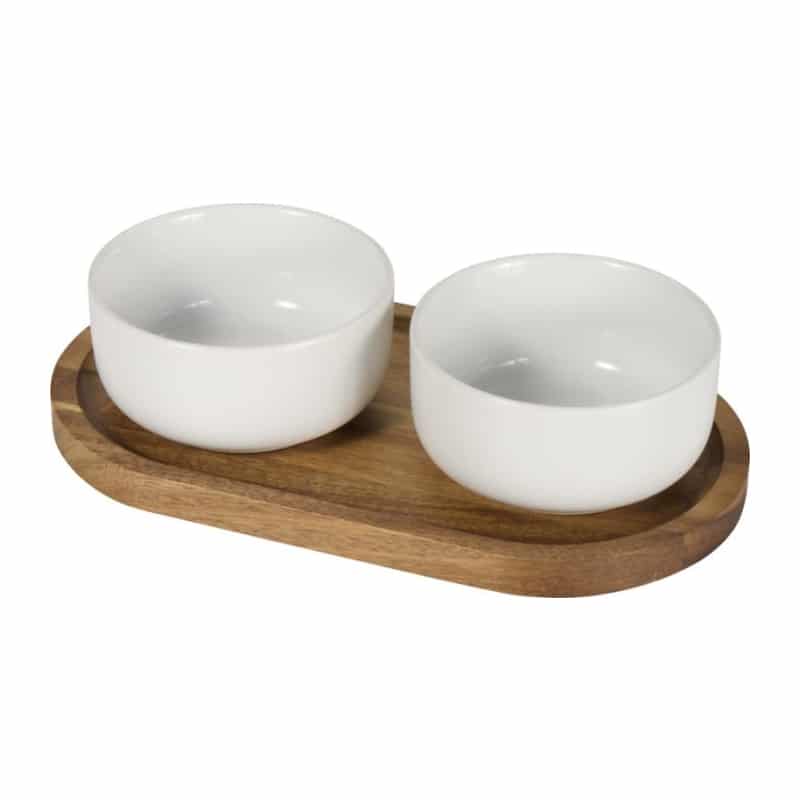 Set de Dos Cuencos de Cerámica con Bandeja de Madera